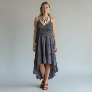Rue+ Blue Grey Crochet Boho High-Low Maxi Dress 1X Adjustable Straps Y2K